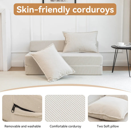 Foldable Corduroy Convertible Sofa Bed With Lumbar Pillow - Omega Lifestyles