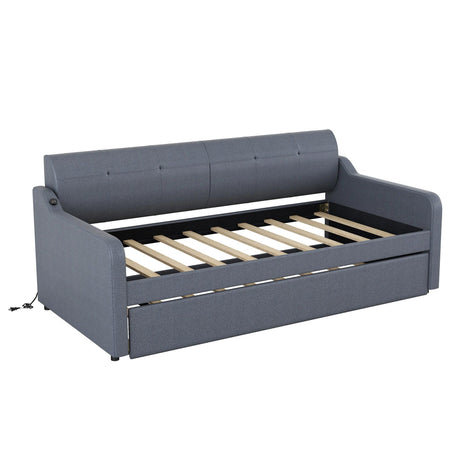 Twin Upholstered Daybed With Trundle And USB Charging - Omega Lifestyles