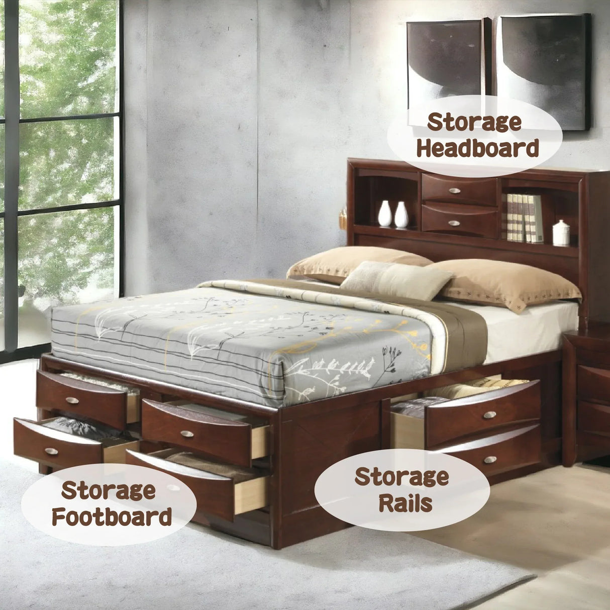 Espresso Finish Storage Bed With Bookcase Headboard - Omega Lifestyles