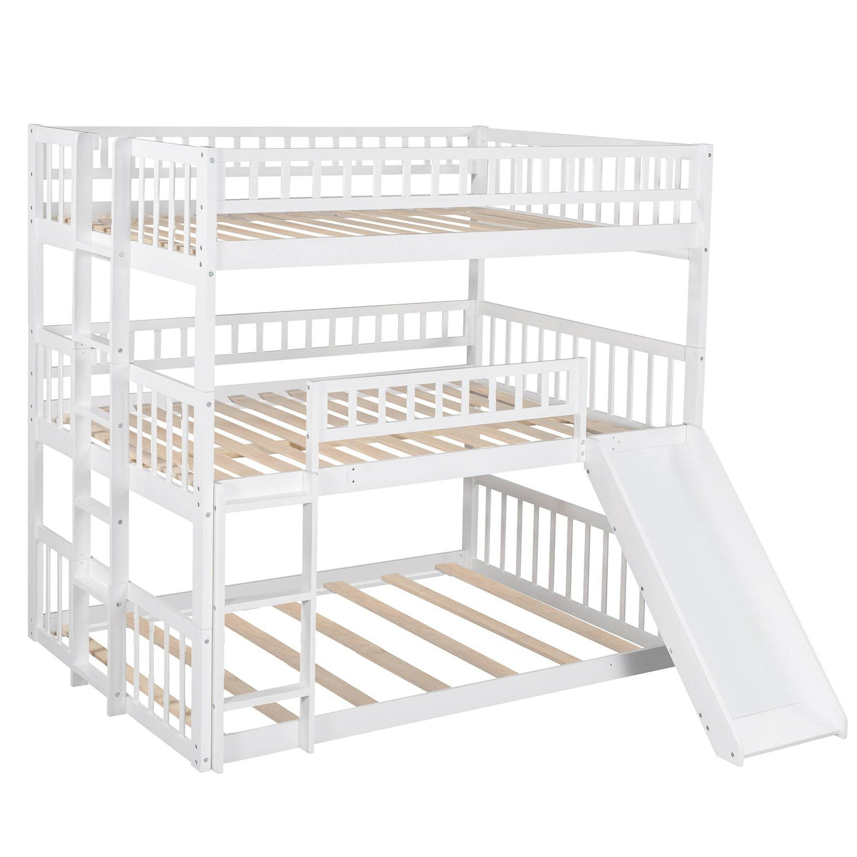 Full Triple Solid Wood Bunk Bed With Slide And Ladders - Omega Lifestyles