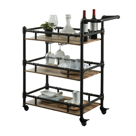 Industrial Style Metal Frame 3-Tier Oak Serving Cart - Omega Lifestyles