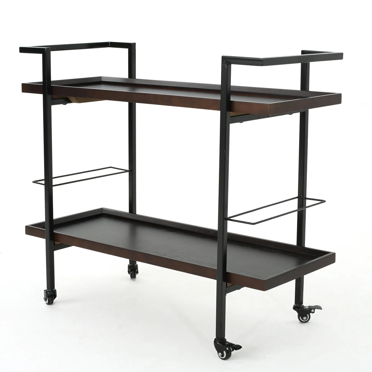 Modern Industrial Walnut Wood Rolling Bar Cart - Omega Lifestyles