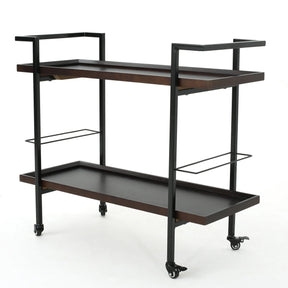 Modern Industrial Walnut Wood Rolling Bar Cart - Omega Lifestyles