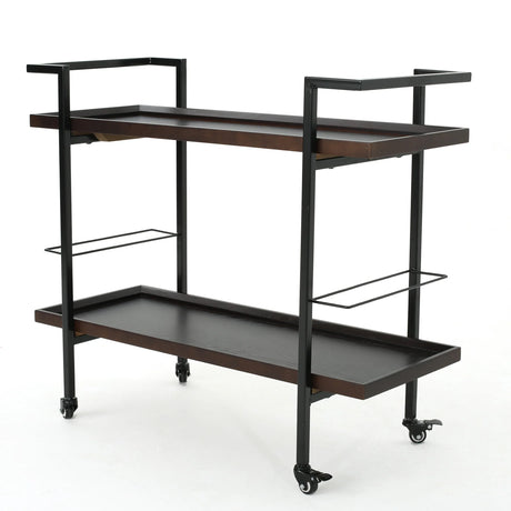 Modern Industrial Walnut Wood Rolling Bar Cart - Omega Lifestyles