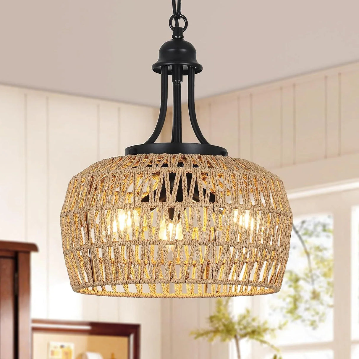 Boho 3-Light Rattan Farmhouse Chandelier Pendant Light - Omega Lifestyles