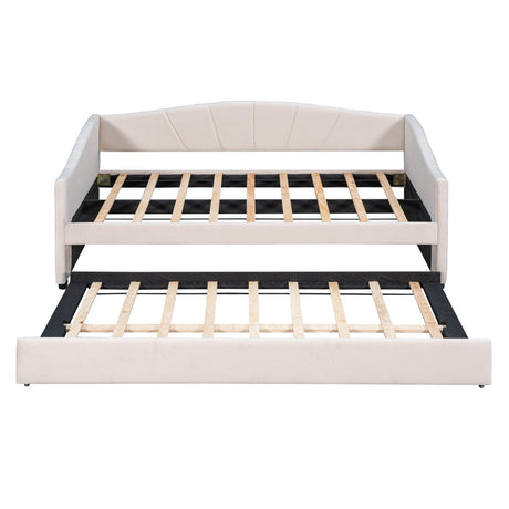 Upholstered Twin Daybed With Trundle And Wood Slats - Omega Lifestyles