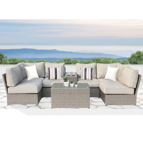 Outdoor 8-Piece Gray Wicker Aluminum Seating Set With Cushions - Omega Lifestyles