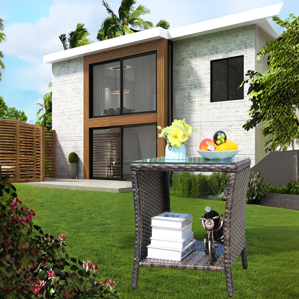 Brown Rattan Outdoor Patio Coffee Table With Tempered Glass