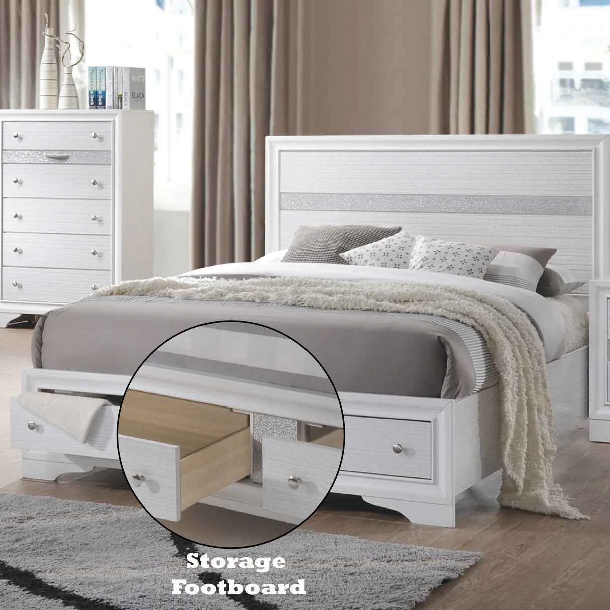White Finish Low Profile Storage Queen Bed Frame - Omega Lifestyles