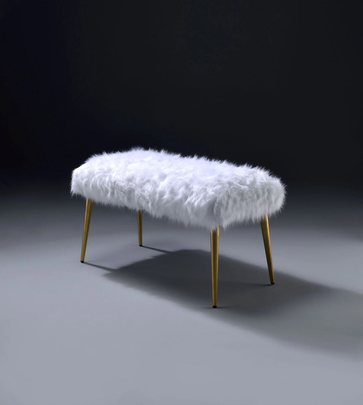 White Faux Fur Armless Backless Gold Finish Bench - Omega Lifestyles