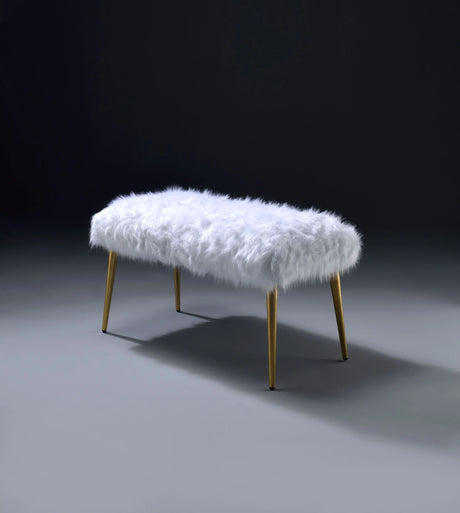 White Faux Fur Armless Backless Gold Finish Bench - Omega Lifestyles