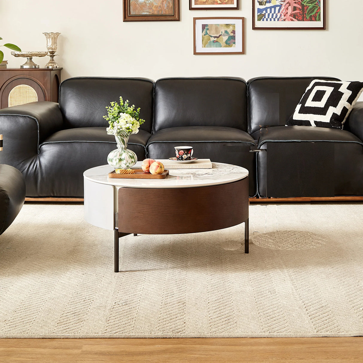 Round Ceramic Top Coffee Table With Drawers And Metal Legs - Omega Lifestyles