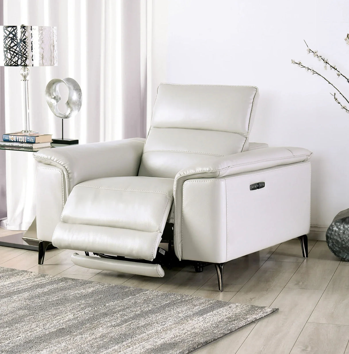 Contemporary Light Taupe Power Recliner With Pillow Top Arms - Omega Lifestyles