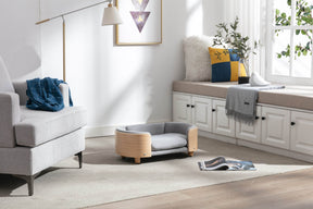 Scandinavian Style Solid Wood Elevated Pet Bed With Velvet Cushion - Omega Lifestyles