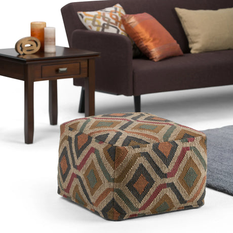 Handcrafted Multi-Color Kilim Pattern Square Pouf - Omega Lifestyles