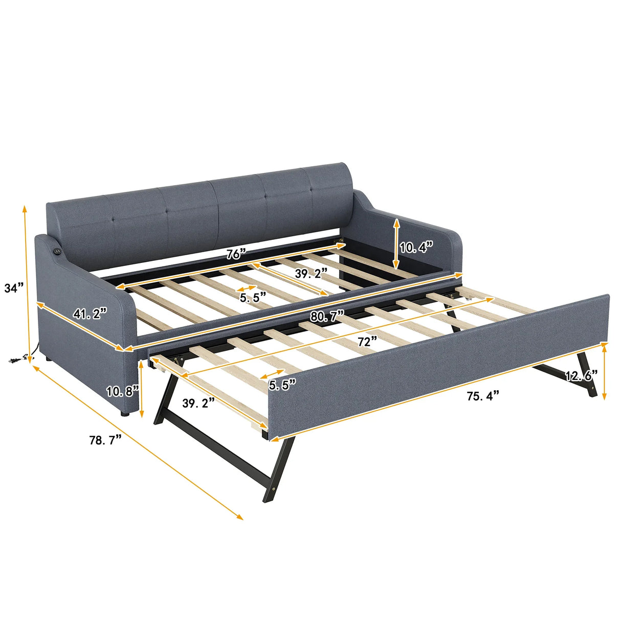 Twin Upholstered Daybed With Trundle And USB Charging - Omega Lifestyles
