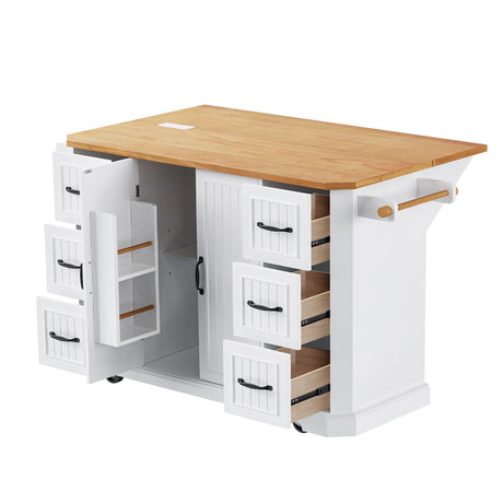 Rustic White Rubber Wood Rolling Kitchen Island Cart - Omega Lifestyles