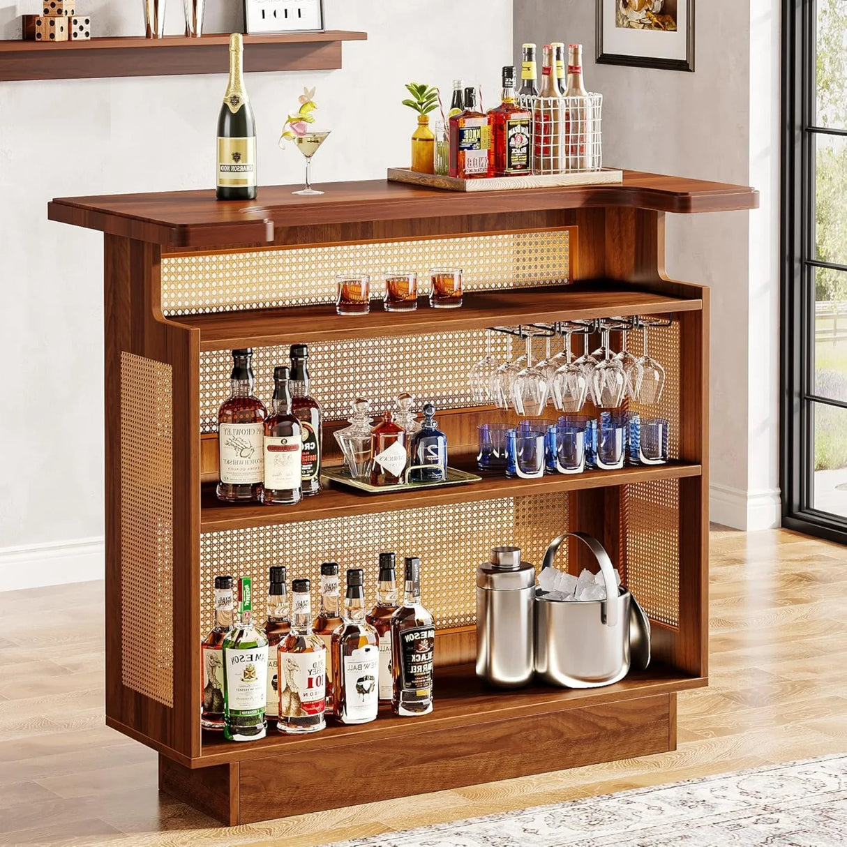Farmhouse Rattan 4-Tier Liquor Cabinet Home Bar - Omega Lifestyles