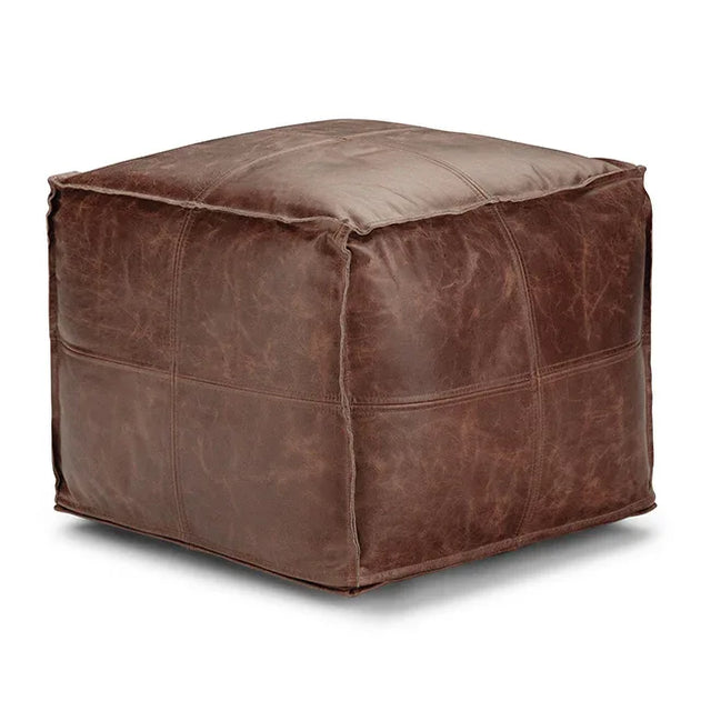 Square Distressed Buffalo Leather Multiuse Pouf Stool - Omega Lifestyles