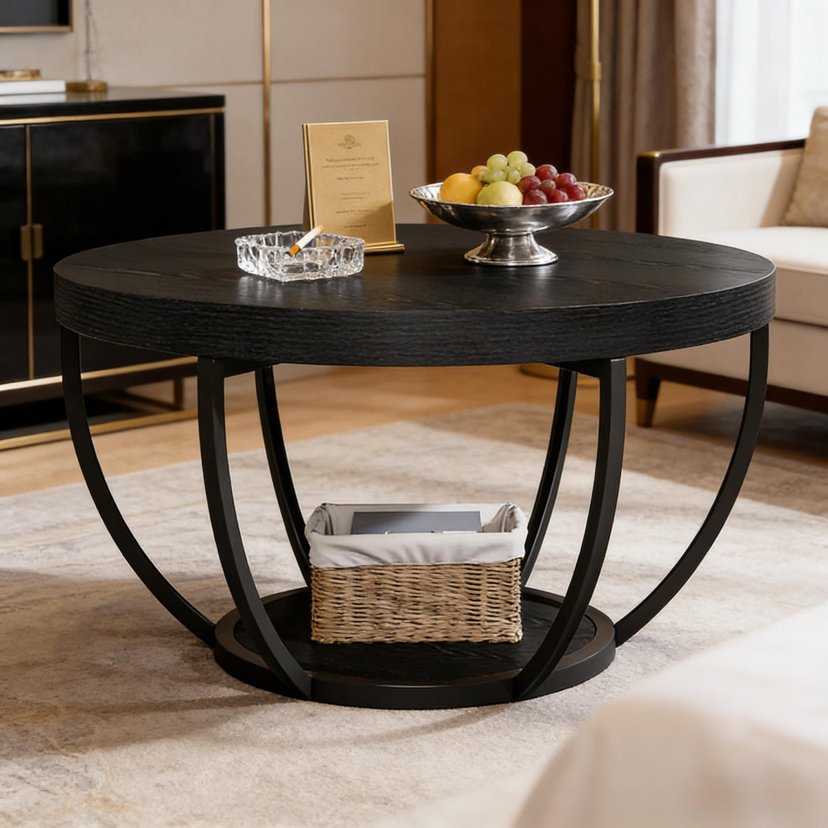 Round Engineered Wood 2-Tier Coffee Table With Steel Frame