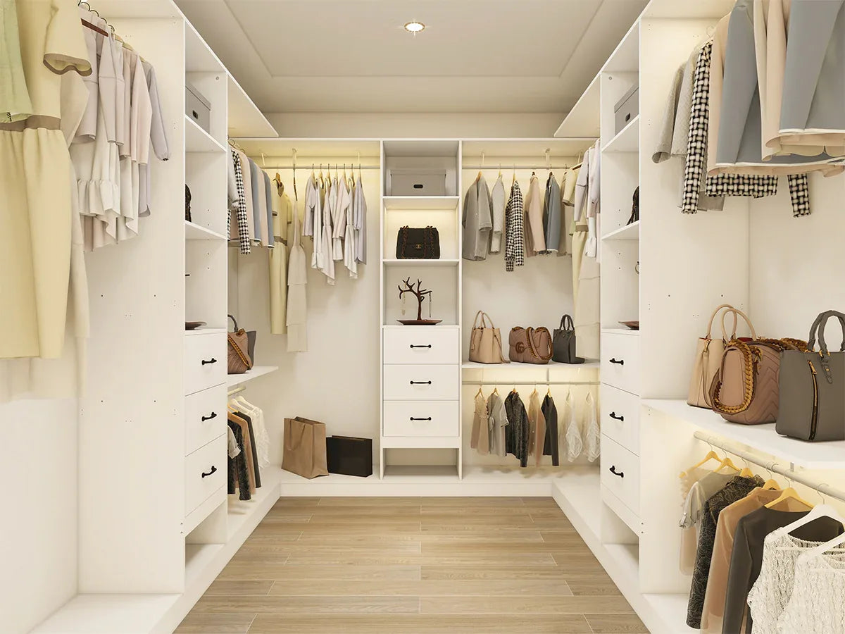 96-Inch White Adjustable Wood Metal Closet Organizer System - Omega Lifestyles