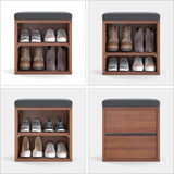 Walnut Wood Small Shoe Storage Bench With Cushion Seating - Omega Lifestyles