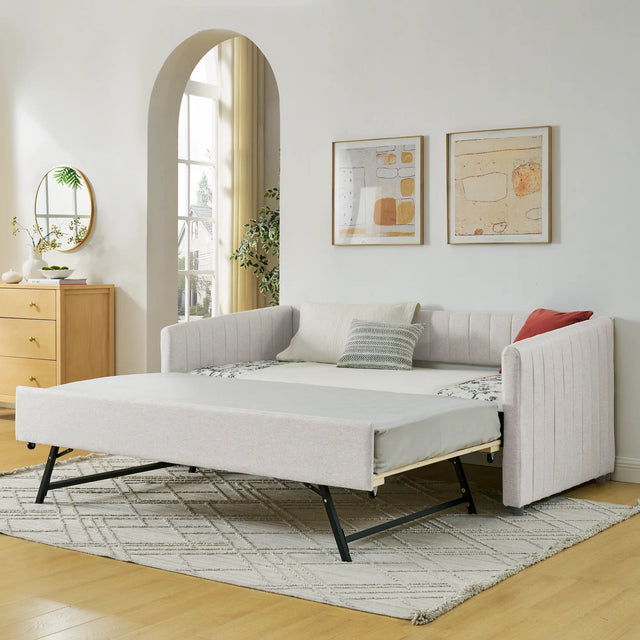 Twin Upholstered Linen Daybed With Functional Trundle - Omega Lifestyles