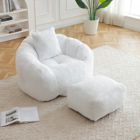 Shell-Shaped Faux Fur Foam Filled Bean Bag Chair With Footstool - Omega Lifestyles