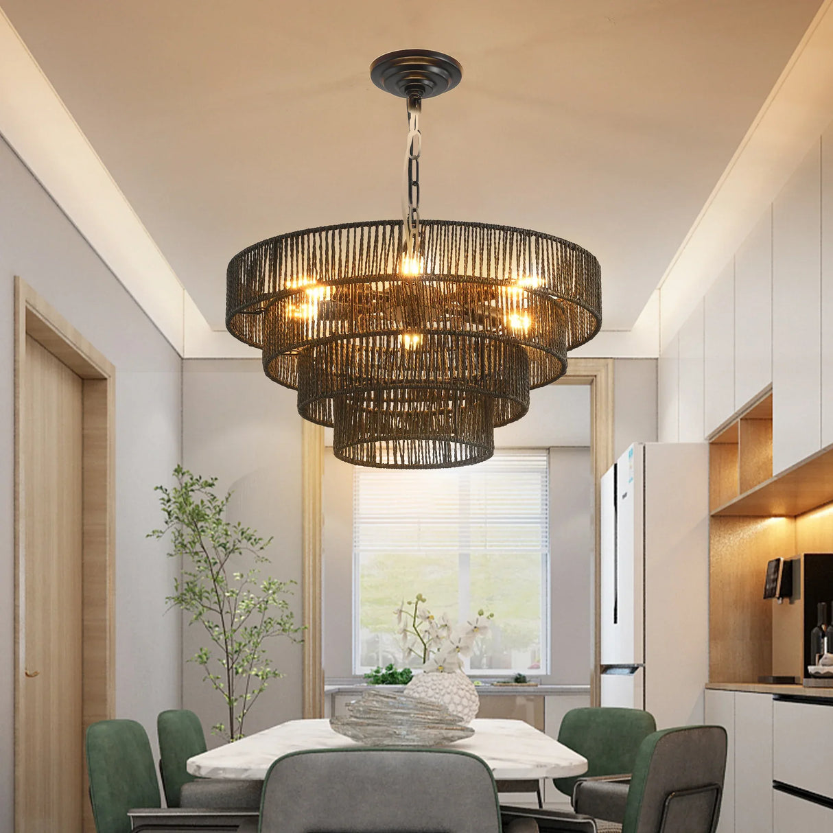 Rustic 4-Tier Black Hemp Rope Pendant Light Chandelier - Omega Lifestyles