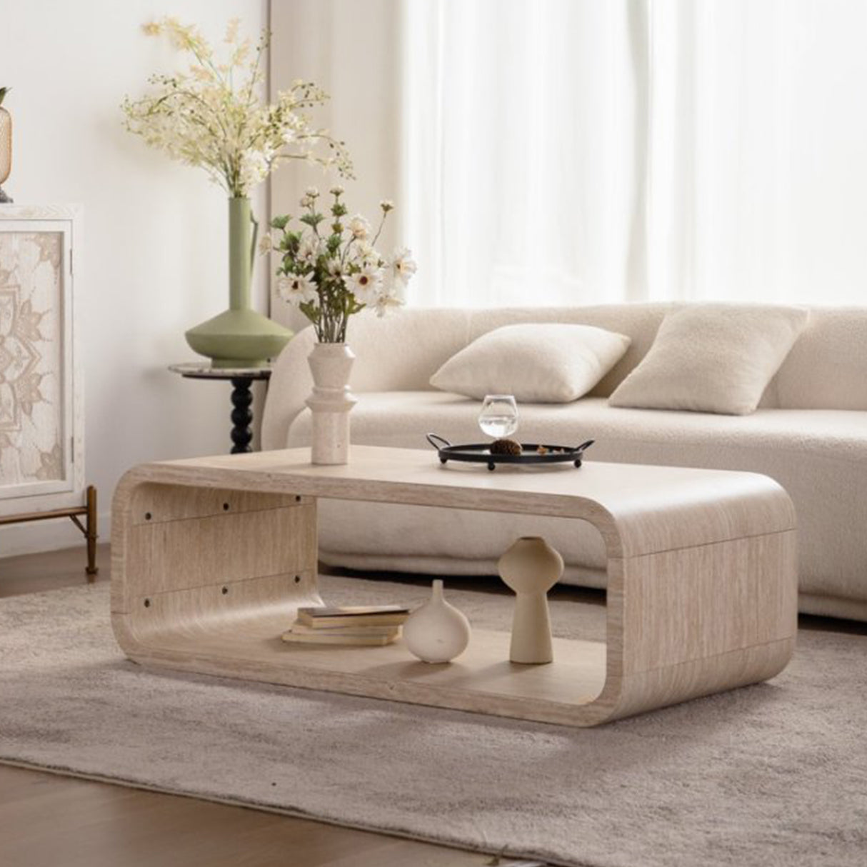 Modern Racetrack-Shaped Light Wood Coffee Table