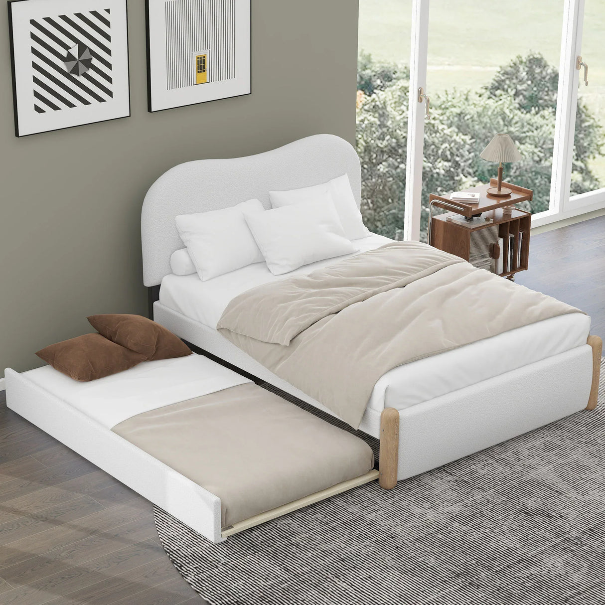 Full Upholstered Platform Bed With Twin Trundle White - Omega Lifestyles