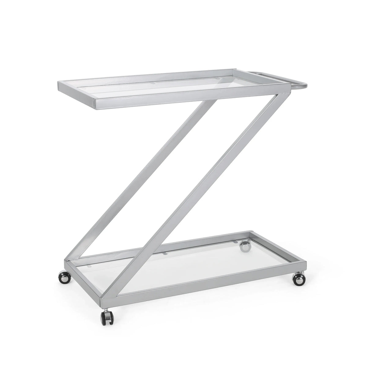 Modern Z-Shaped Silver Glass And Metal Bar Cart - Omega Lifestyles