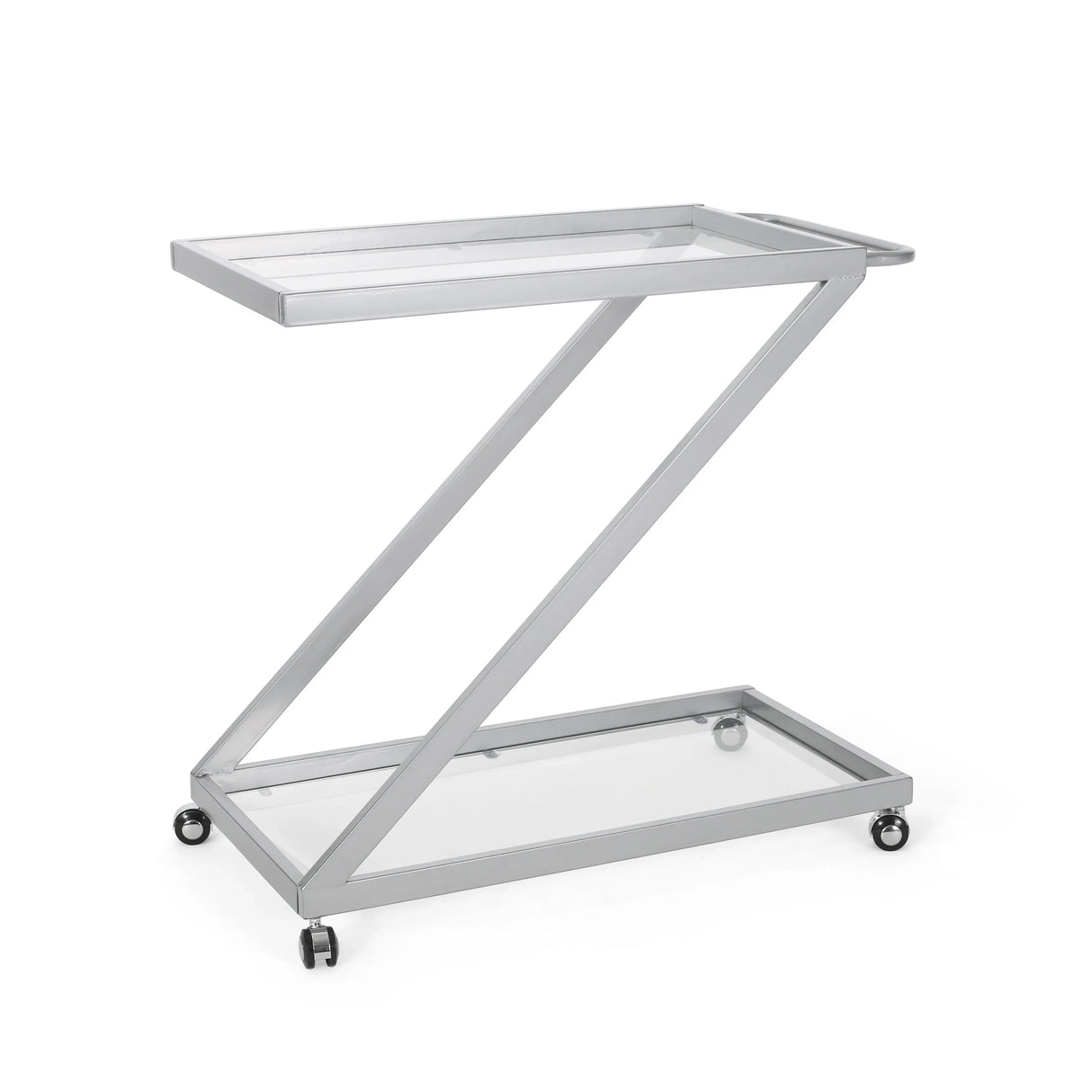 Modern Z-Shaped Silver Glass And Metal Bar Cart - Omega Lifestyles