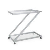 Modern Z-Shaped Silver Glass And Metal Bar Cart - Omega Lifestyles
