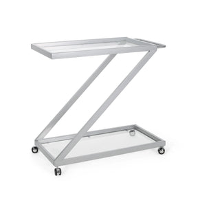 Modern Z-Shaped Silver Glass And Metal Bar Cart - Omega Lifestyles