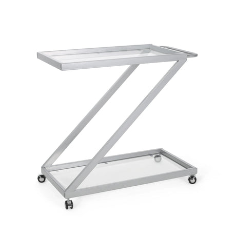 Modern Z-Shaped Silver Glass And Metal Bar Cart - Omega Lifestyles