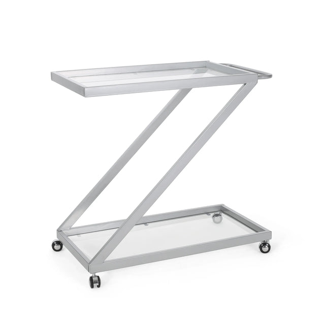 Modern Z-Shaped Silver Glass And Metal Bar Cart - Omega Lifestyles