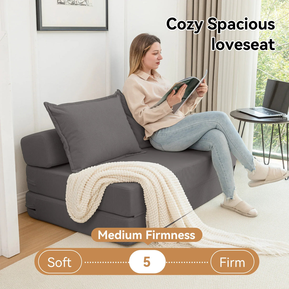 Foldable Corduroy 2-Seat Sofa Bed With Lumbar Pillow - Omega Lifestyles