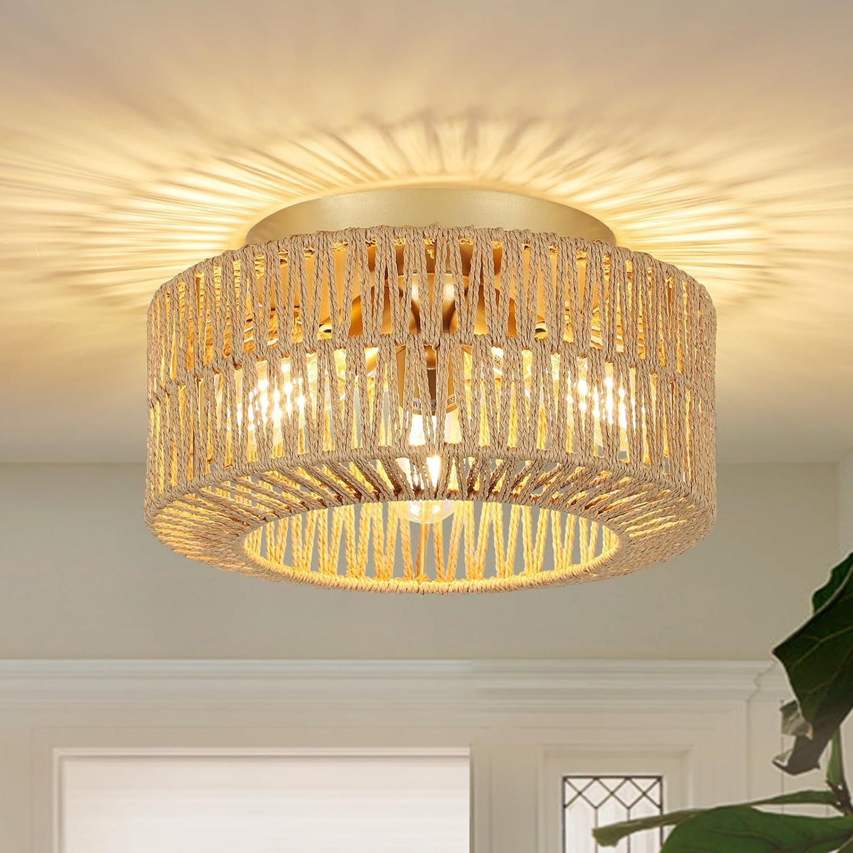 Boho 3-Light Hand-Woven Rattan Ceiling Light Fixture