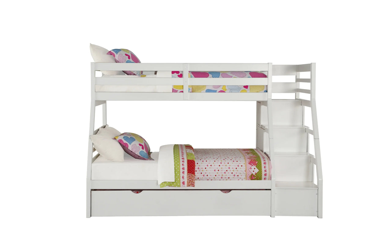 Twin Full White Synthetic Wood Bunk Bed With Trundle Storage - Omega Lifestyles