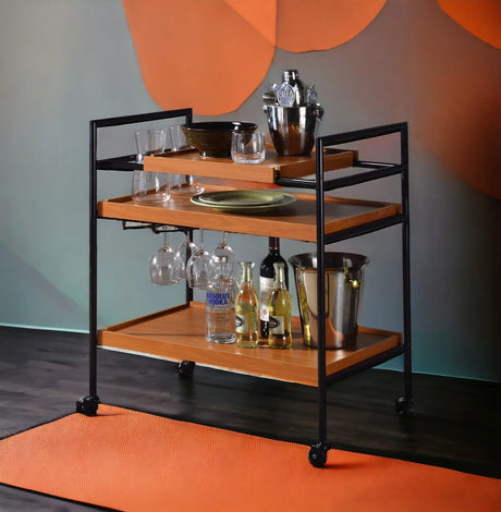 Oaken Black And Oak Finish Metal Serving Cart - Omega Lifestyles