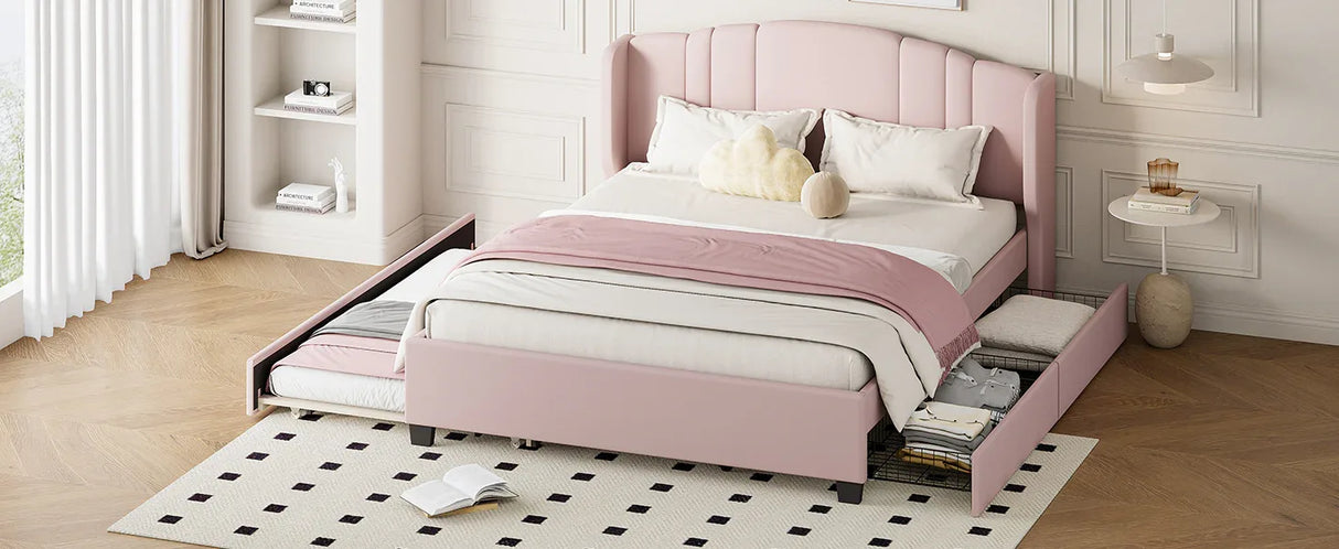 Queen Upholstered Linen Platform Bed With Trundle Drawers - Omega Lifestyles