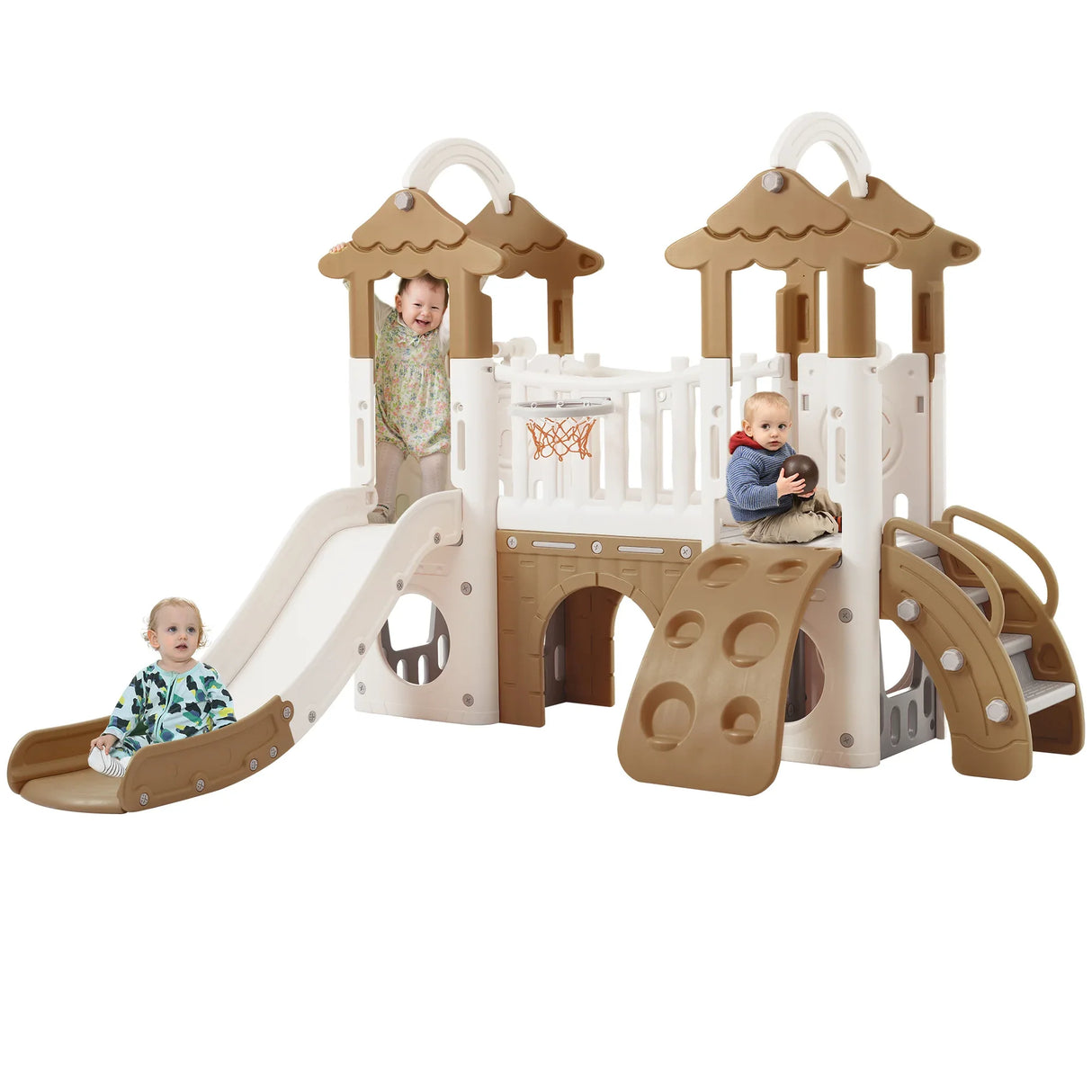 8-in-1 Toddler Freestanding Slide Climber Playset Brown - Omega Lifestyles