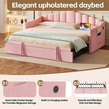 Upholstered Twin Velvet Daybed With Adjustable Trundle And Charging - Omega Lifestyles