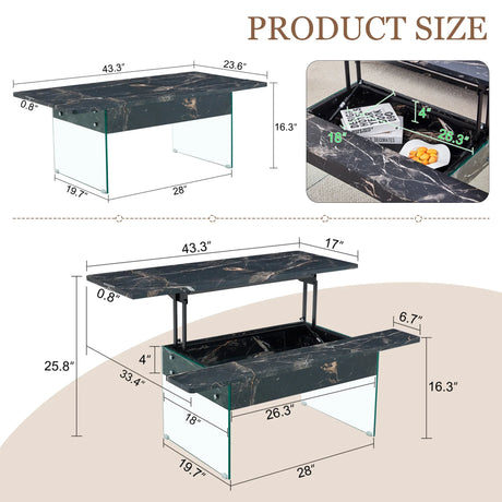 Lift-Top Coffee Table With Storage Black Marble Glass - Omega Lifestyles