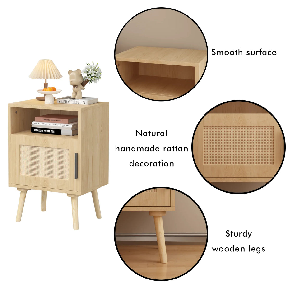 Oak Rattan Bedroom Nightstand With Solid Wood Legs - Omega Lifestyles