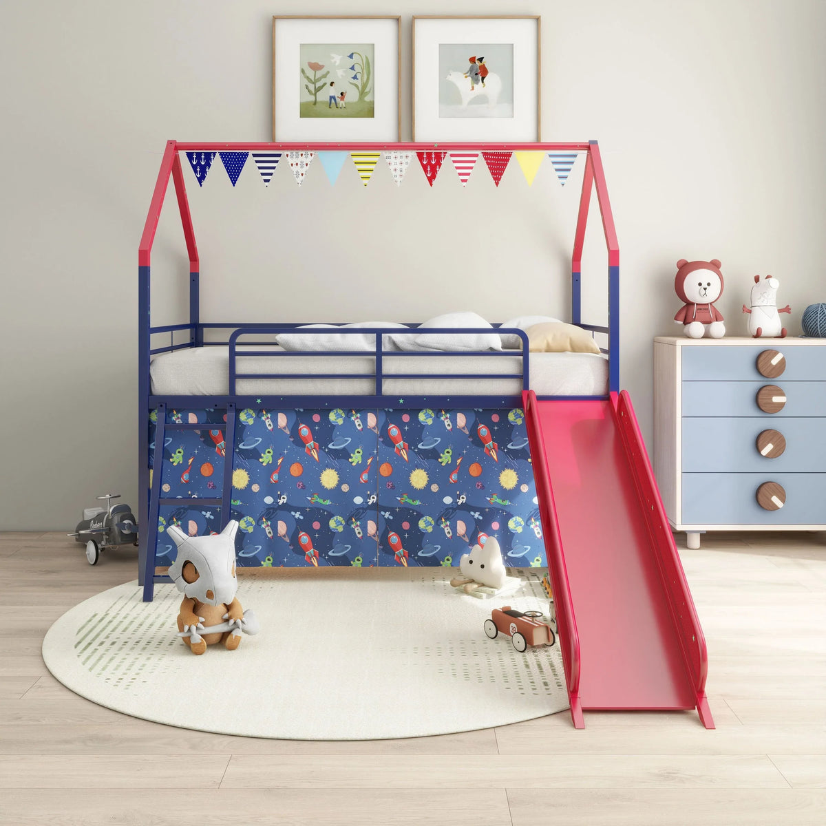 Twin Metal Junior House Loft Bed With Slide And Curtain - Omega Lifestyles