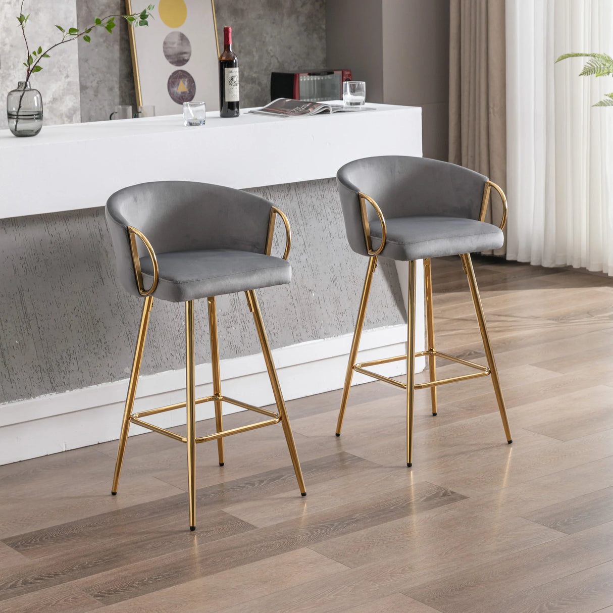 Set Of 2 Gray Velvet Fabric Bar Stools With Foam Cushion - Omega Lifestyles
