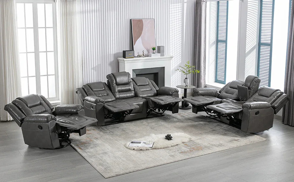 Grey Manual PU Upholstered Home Theater Recliner Chair Set - Omega Lifestyles