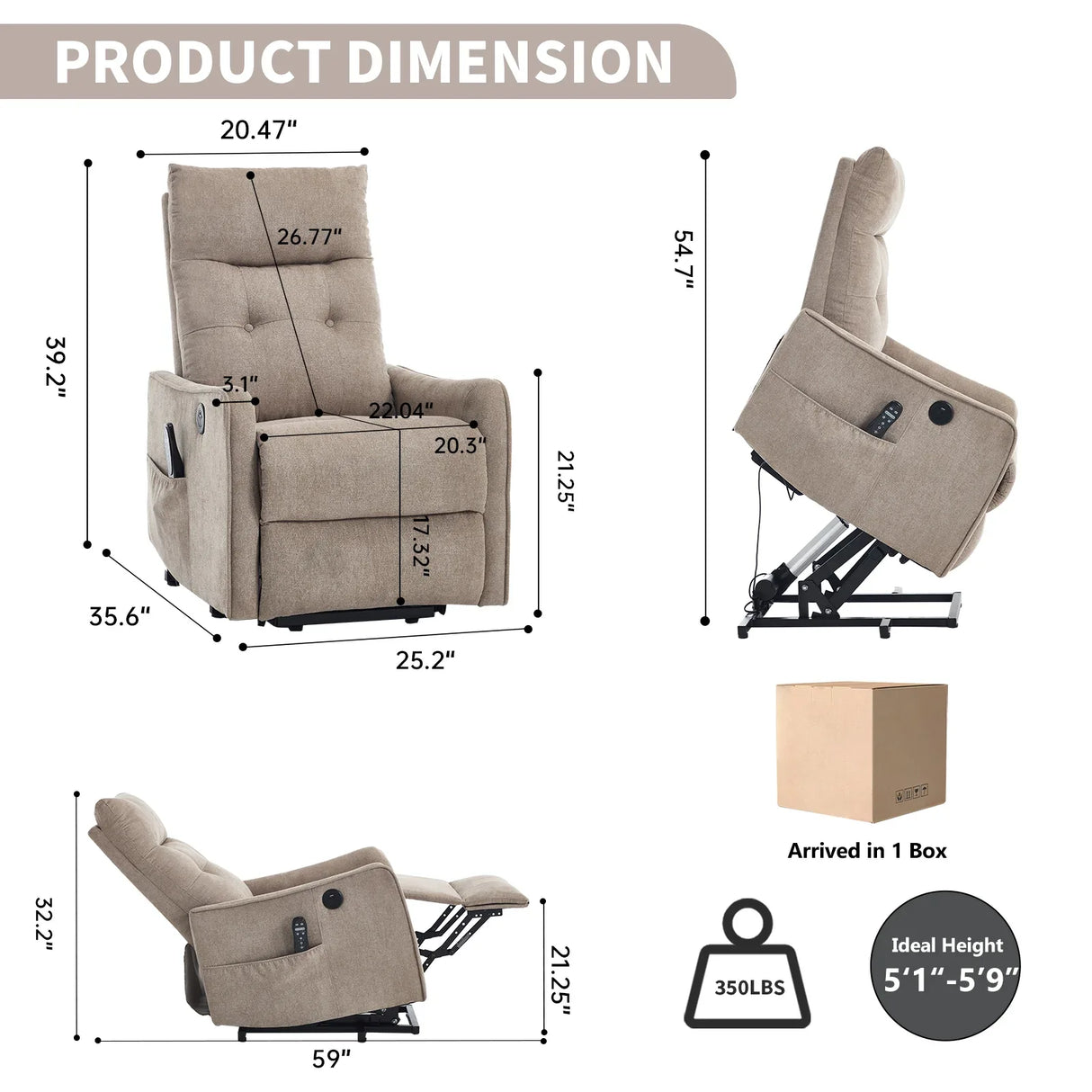 Khaki Chenille Medium-Firm Power Lift Massage Recliner Chair - Omega Lifestyles